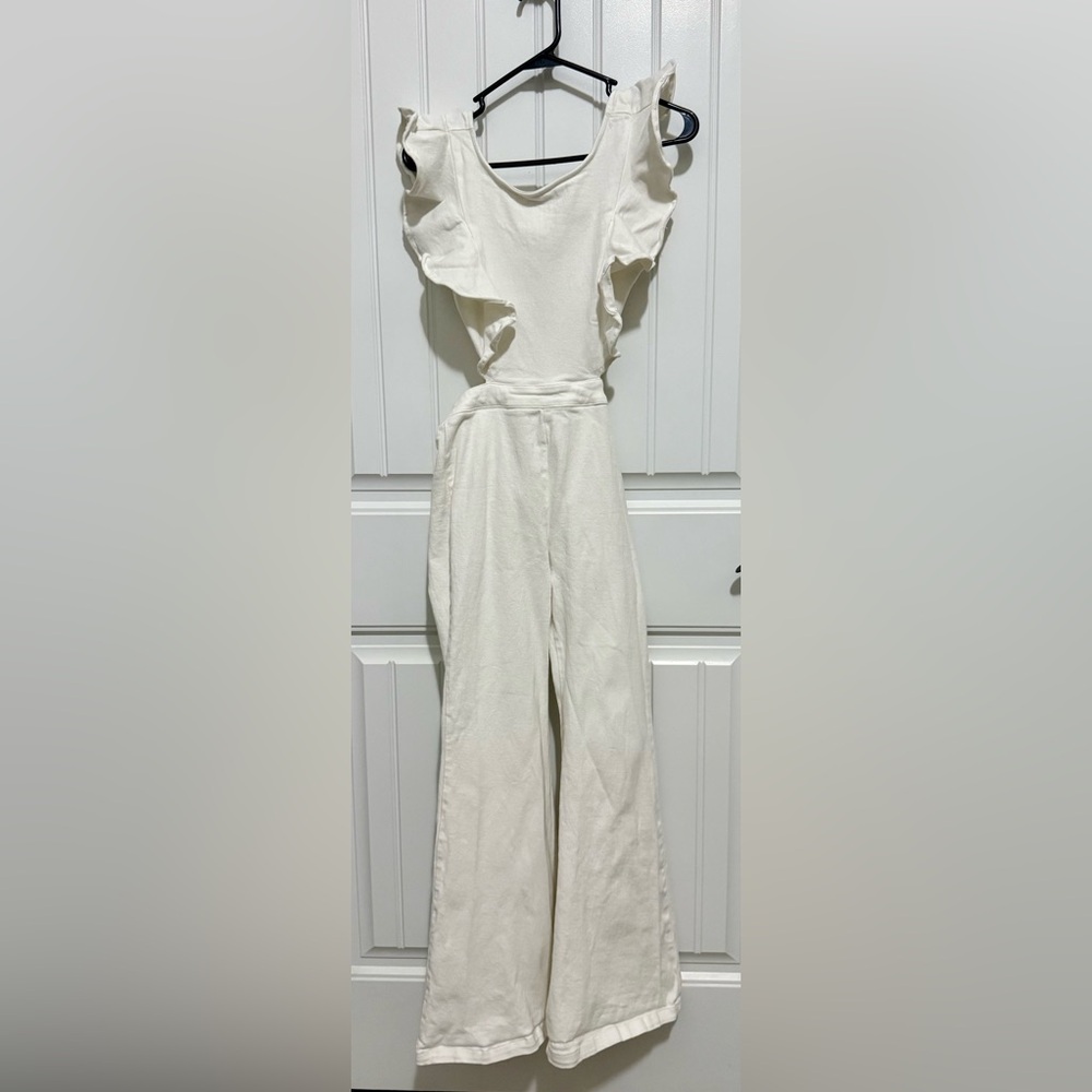 Jealous Tomato White Denim Ruffled Jumpsuit